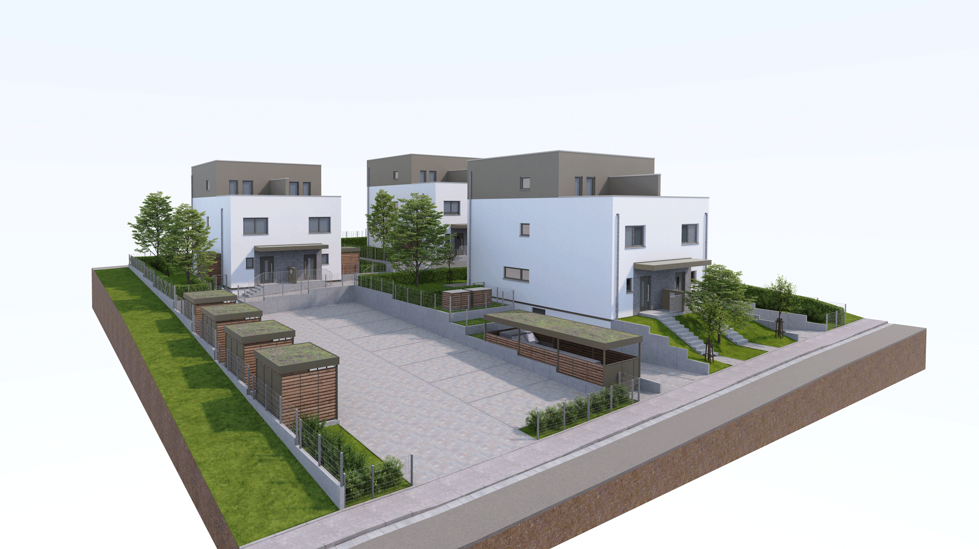 3D-Modell der FingerHaus Neubauten im Baugebiet Bad Nauheim-PUR mit modernen Stadthäusern, Carports und Grünflächen.