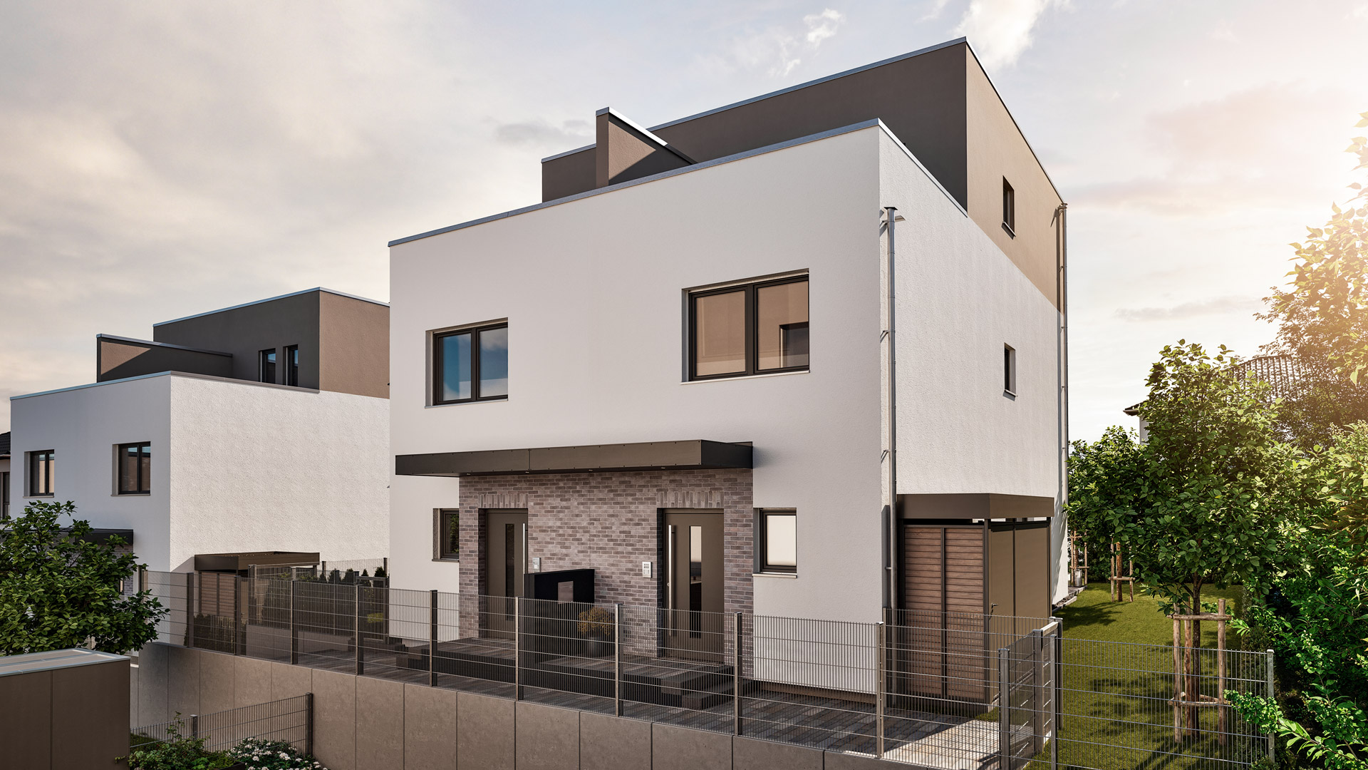 Modernes FingerHaus Wohnhaus im Baugebiet Bad Nauheim-PUR in Bad Nauheim-Steinfurth mit klarer Architektur, Flachdach und großen Fenstern.
