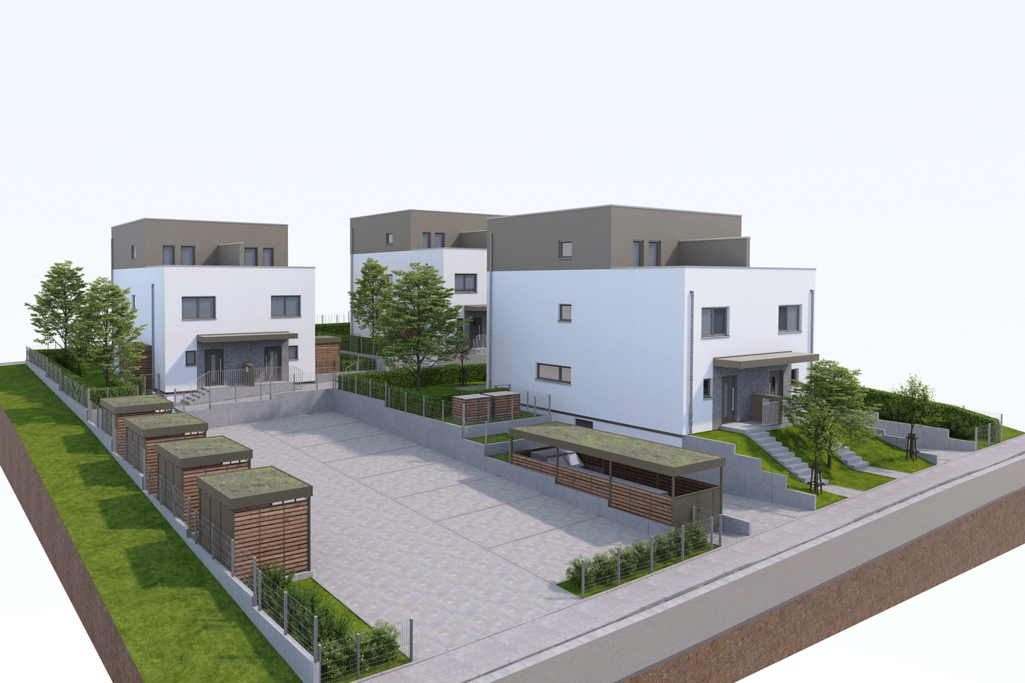 3D-Modell der FingerHaus Neubauten im Baugebiet Bad Nauheim-PUR mit modernen Stadthäusern, Carports und Grünflächen.