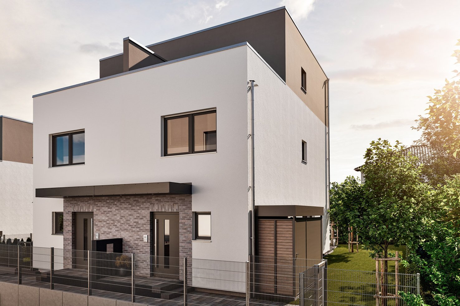 Modernes FingerHaus Doppelhaus im Baugebiet Bad Nauheim-PUR mit klaren Linien, Flachdach und Vorgarten.