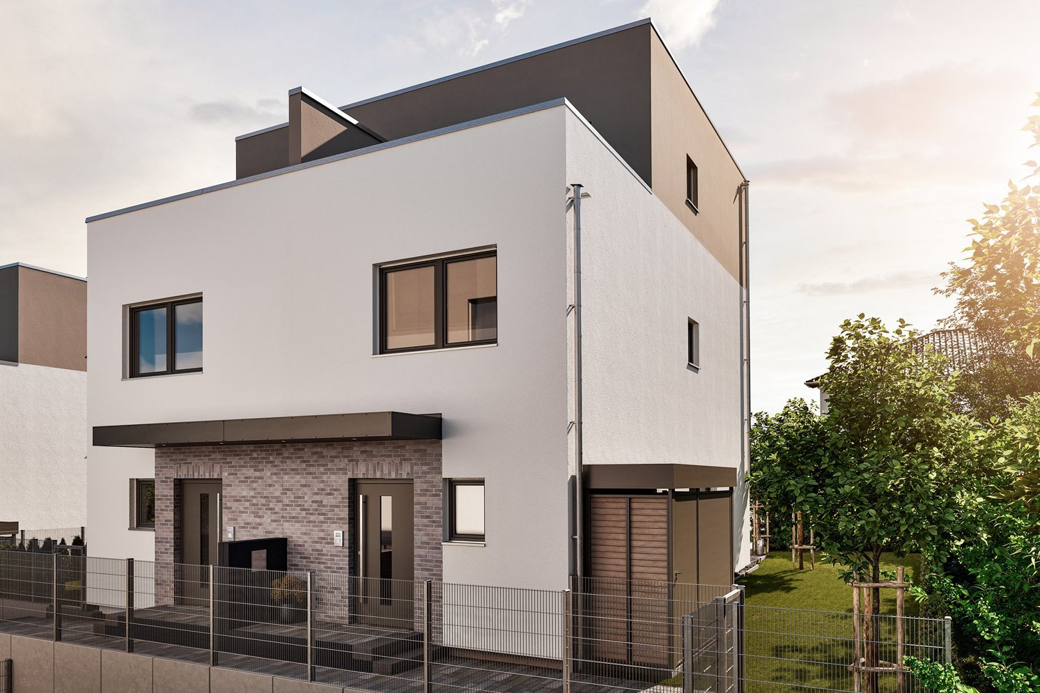 Modernes FingerHaus Doppelhaus im Baugebiet Bad Nauheim-PUR mit klarer Fassade, Flachdach und Vorgarten.