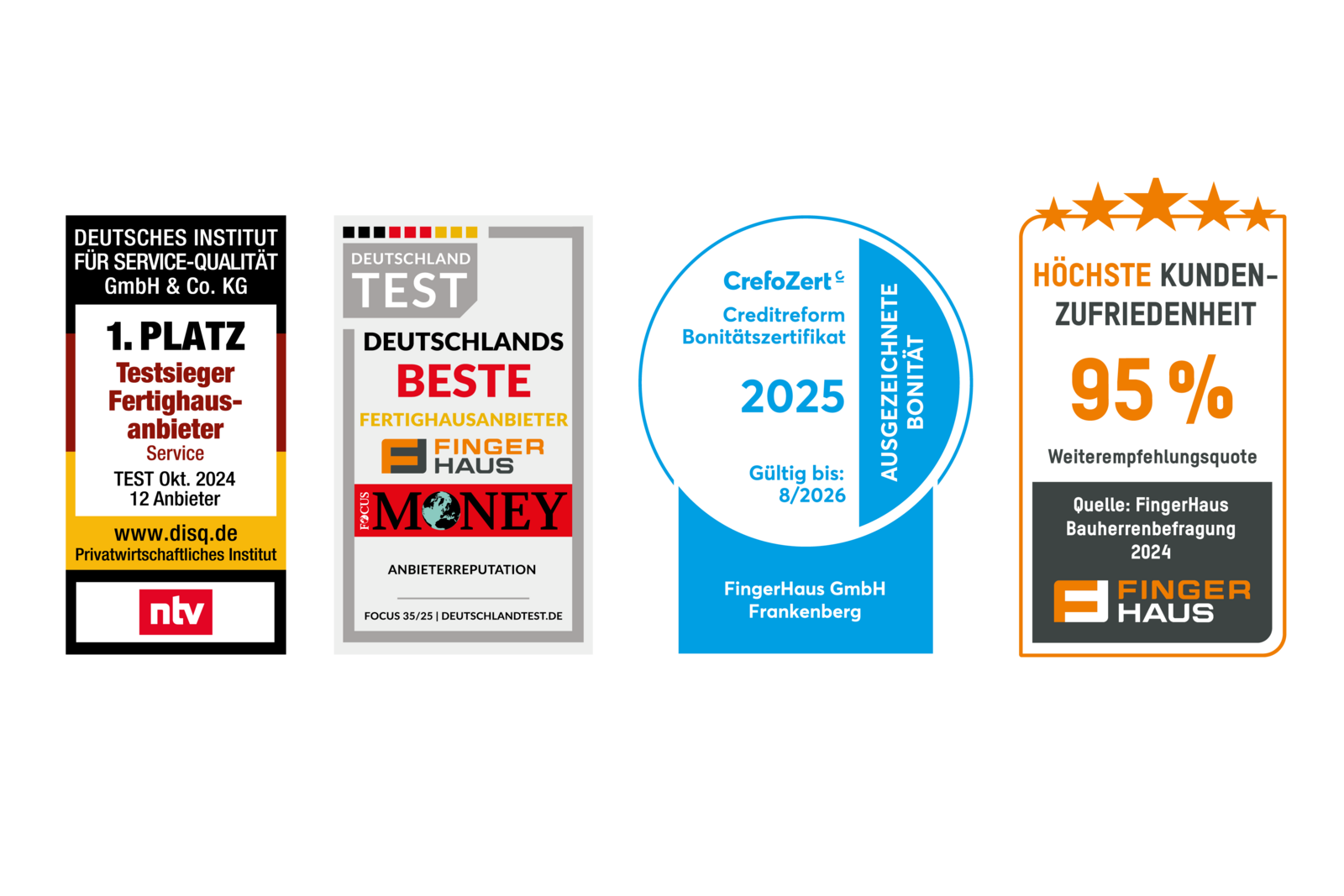 Auszeichnungen von FingerHaus: Testsieger Fertighausanbieter 2024, Deutschlands Beste Fertighausanbieter, Bonitätszertifikat CrefoZert 2025 und höchste Kundenzufriedenheit mit 95 % Weiterempfehlungsquote.
