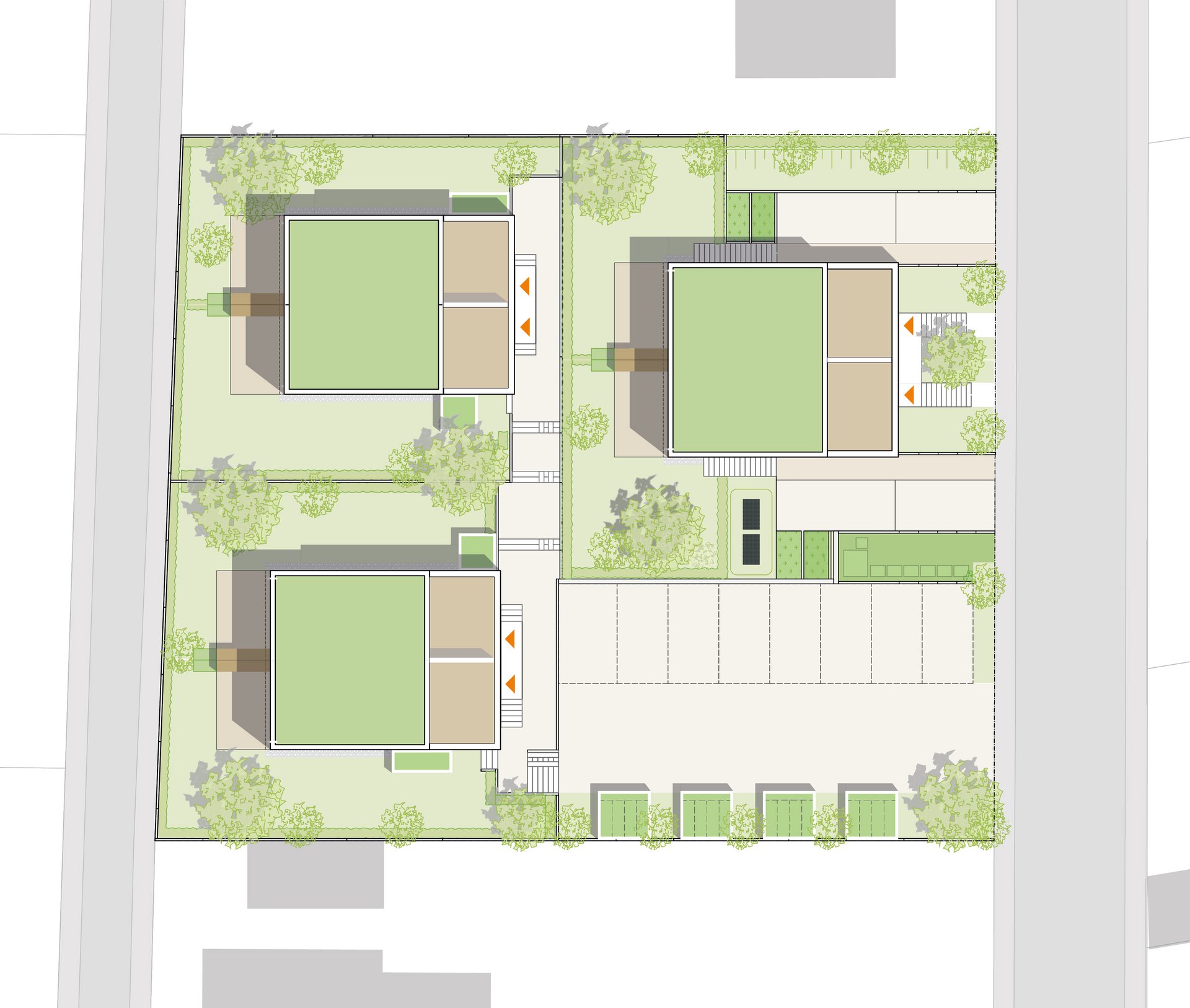 Interaktive Lagekarte des Baugebiets Bad Nauheim-PUR mit eingezeichneten Grundstücken, Doppelhaushälften und Grünflächen.